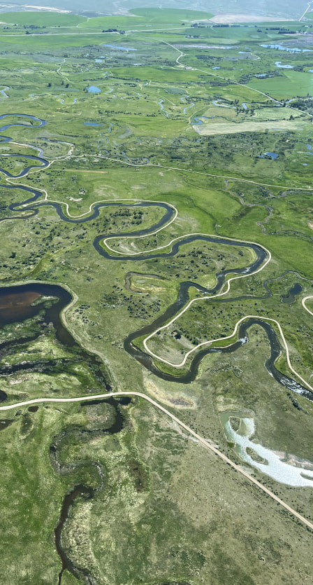 Aerial view of meandering rivers and wetlands in Montana