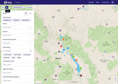 Gilly map showing geolocated permits, submissions, and joint applications.